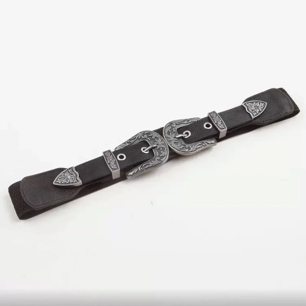Black Western Women’s Vegan Leather Double Buckle Belt with Silver Buckles